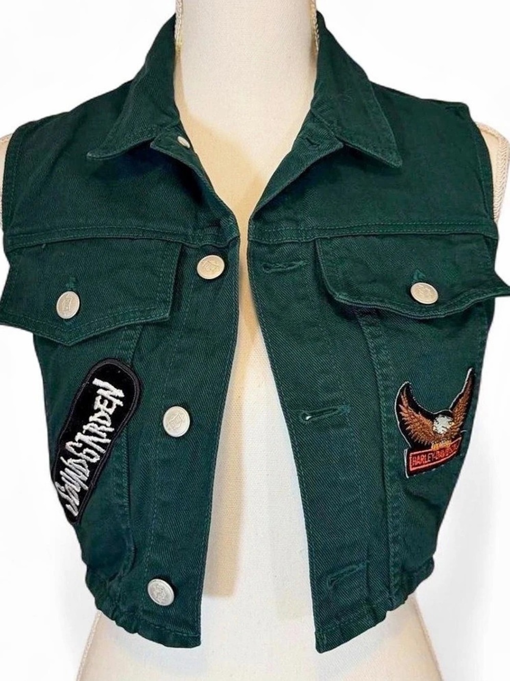 Vtg BONGO Green Cropped Utility Vest Patches Soundgarden Harley Davidson Size S